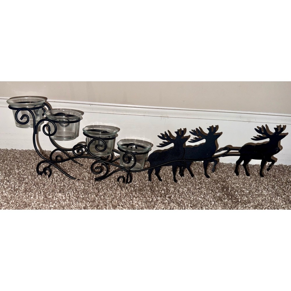 Reindeer Sleigh Candle Holder Excellent Black Iron 4 Votive Slots